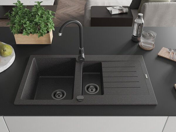 Mexen Matias - chiuveta granit 900x505x200 mm, 1,5 camere, pete negre cu sifon negru, 6502901505-76-B