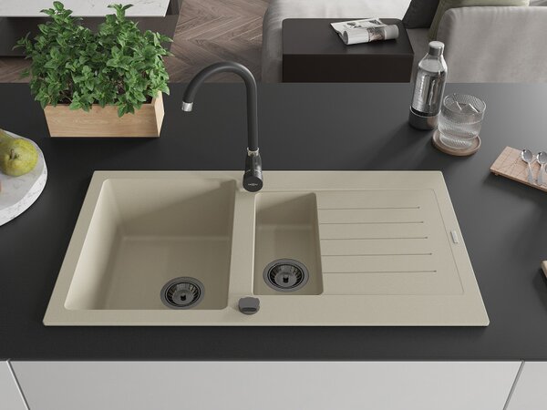 Mexen Matias - chiuveta granit 900x505x200 mm, 1,5 camere, bej cu sifon negru, 6502901505-69-B