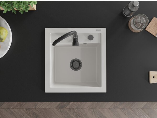 Mexen Vito, chiuveta granit 520x490x210 mm, 1 camera, alb cu sifon negru, 6503521000-20-B