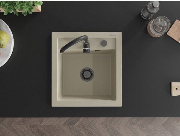 Mexen Vito, chiuveta granit 520x490x210 mm, 1 camera, bej cu sifon negru, 6503521000-69-B