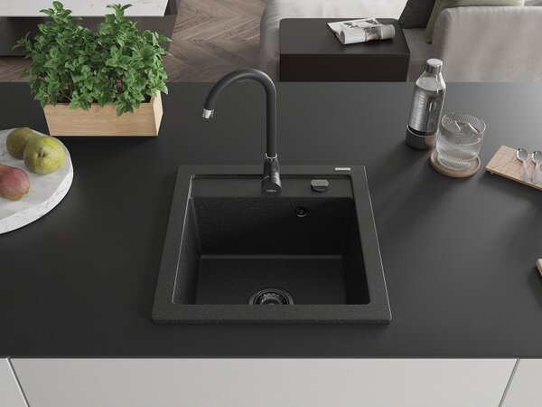 Mexen Vito, chiuveta granit 520x490x210 mm, 1 camera, negru-argintiu metalic cu sifon negru, 6503521000-73-B