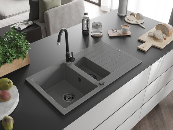 Mexen Matias - chiuveta granit 900x505x200 mm, 1,5 camere, gri cu sifon negru, 6502901505-71-B