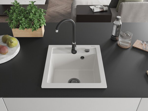 Mexen Vito, chiuveta granit 520x490x210 mm, 1 camera, alb cu sifon negru, 6503521000-20-B
