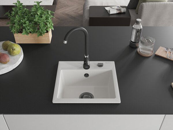 Mexen Milo, chiuveta granit 435x410x171 mm, 1 camera, alb cu sifon negru, 6505441000-20-B
