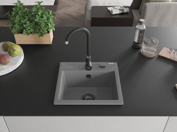 Mexen Milo, chiuveta granit 435x410x171 mm, 1 camera, gri cu sifon negru, 6505441000-71-B
