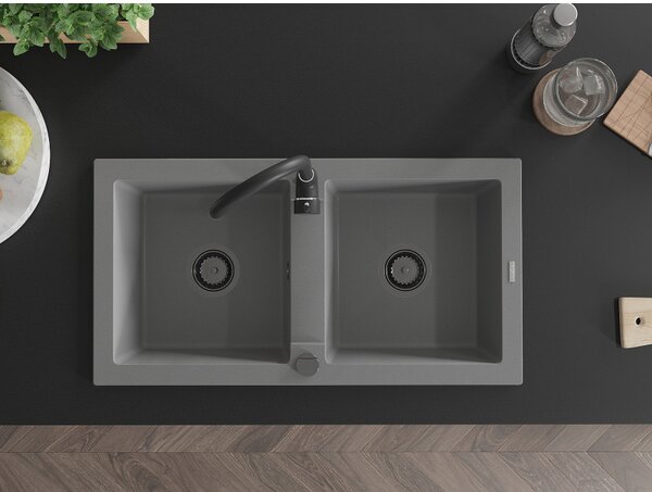 Mexen Mario, chiuveta granit 820x436x161 mm, 2 camere, gri cu sifon negru, 6504822000-71-B