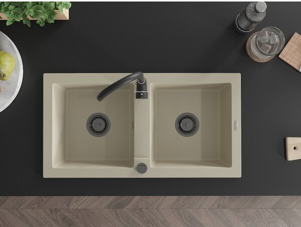 Mexen Mario, chiuveta granit 820x436x161 mm, 2 camere, bej cu sifon negru, 6504822000-69-B