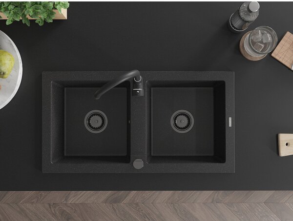 Mexen Mario, chiuveta granit 820x436x161 mm, 2 camere, negru-argintiu metalic cu sifon negru, 6504822000-73-B