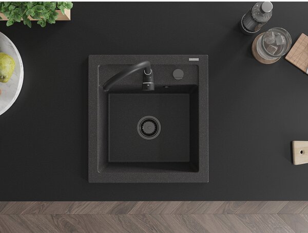Mexen Vito, chiuveta granit 520x490x210 mm, 1 camera, pete negre cu sifon negru, 6503521000-76-B