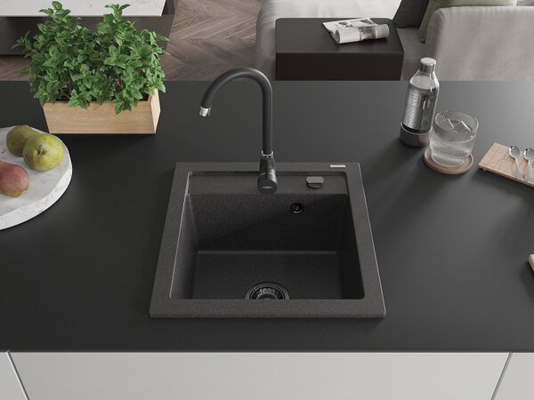 Mexen Vito, chiuveta granit 520x490x210 mm, 1 camera, pete negre cu sifon negru, 6503521000-76-B