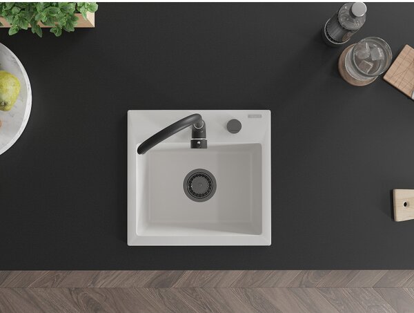 Mexen Milo, chiuveta granit 435x410x171 mm, 1 camera, alb cu sifon negru, 6505441000-20-B