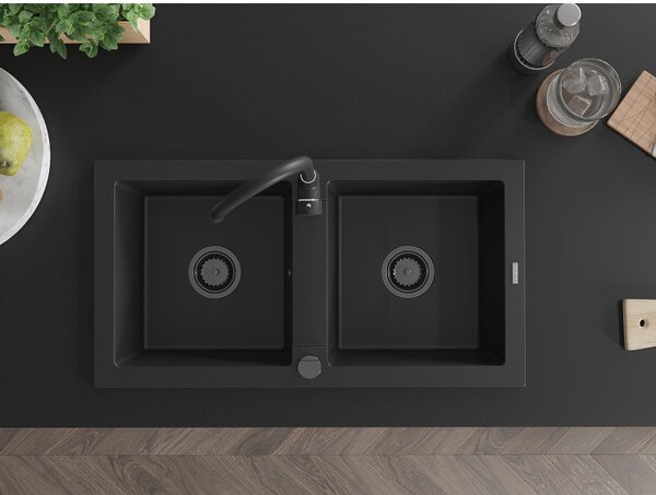 Mexen Mario, chiuvetă din granit 820x436x161 mm, 2 camere, negru cu sifon negru, 6504822000-77-B