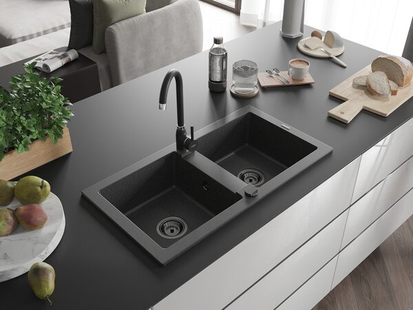Mexen Mario, chiuveta granit 820x436x161 mm, 2 camere, pete negre cu sifon negru, 6504822000-76-B