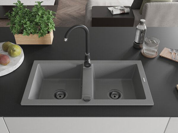Mexen Mario, chiuveta granit 820x436x161 mm, 2 camere, gri cu sifon negru, 6504822000-71-B