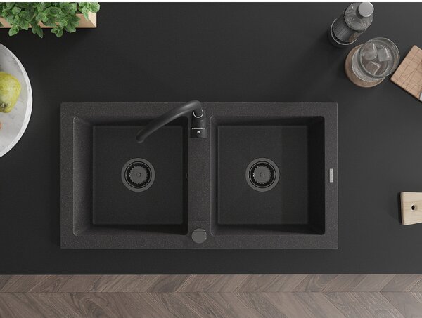 Mexen Mario, chiuveta granit 820x436x161 mm, 2 camere, pete negre cu sifon negru, 6504822000-76-B