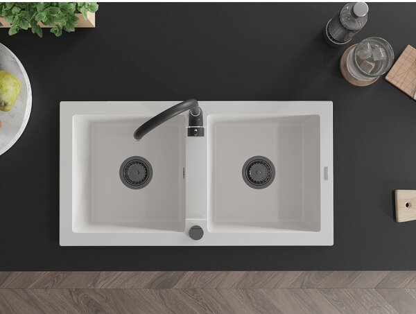 Mexen Mario, chiuveta granit 820x436x161 mm, 2 camere, alb cu sifon negru, 6504822000-20-B