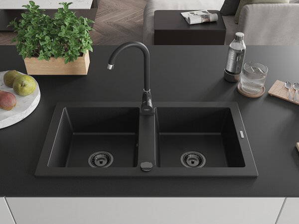 Mexen Mario, chiuvetă din granit 820x436x161 mm, 2 camere, negru cu sifon negru, 6504822000-77-B