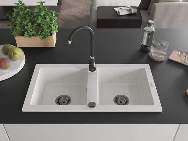 Mexen Mario, chiuveta granit 820x436x161 mm, 2 camere, alb cu sifon negru, 6504822000-20-B