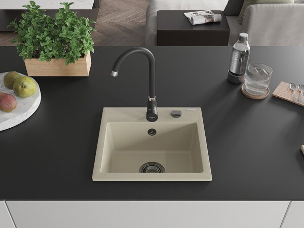 Mexen Milo, chiuveta granit 435x410x171 mm, 1 camera, bej cu sifon negru, 6505441000-69-B