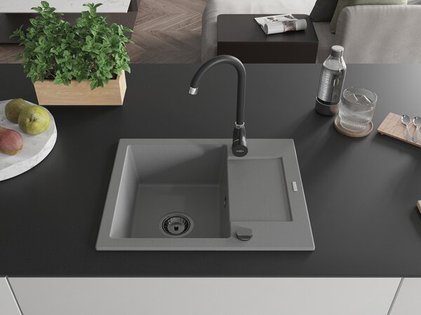 Mexen Enzo, chiuveta granit 576x465x174 mm, 1 camera, gri cu sifon negru, 6506571005-71-B