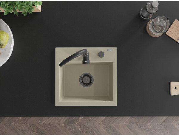 Mexen Milo, chiuveta granit 435x410x171 mm, 1 camera, bej cu sifon negru, 6505441000-69-B