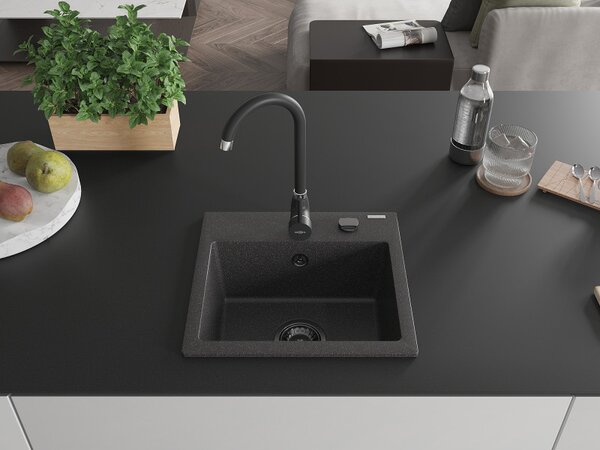 Mexen Milo, chiuveta granit 435x410x171 mm, 1 camera, pete negre cu sifon negru, 6505441000-76-B