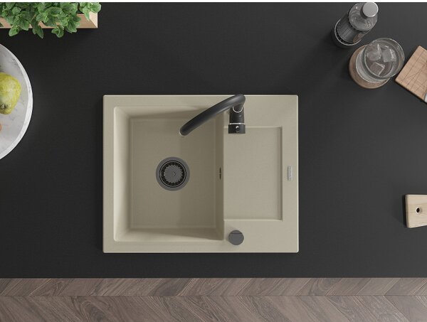 Mexen Enzo, chiuveta granit 576x465x174 mm, 1 camera, bej cu sifon negru, 6506571005-69-B