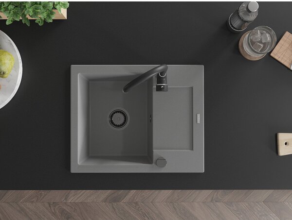 Mexen Enzo, chiuveta granit 576x465x174 mm, 1 camera, gri cu sifon negru, 6506571005-71-B