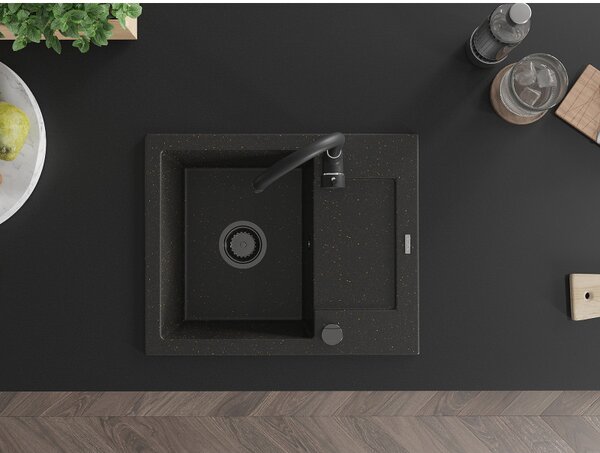 Mexen Enzo, chiuvetă din granit 576x465x174 mm, 1 cameră, negru-auriu metalic cu sifon negru, 6506571005-75-B