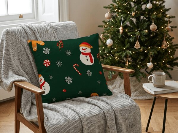 Husa de pernita din microfibra SNOWMAN AND GINGERBREAD 45x45 cm, verde