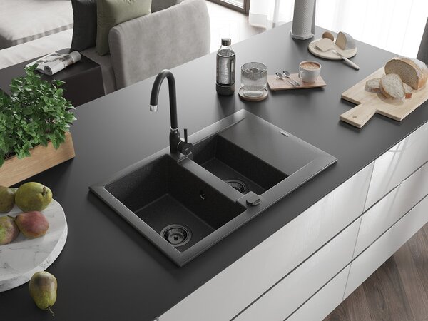 Mexen Gaspar, chiuveta granit 737x475x177 mm, 1,5 camere, pete negre cu sifon negru, 6507731505-76-B