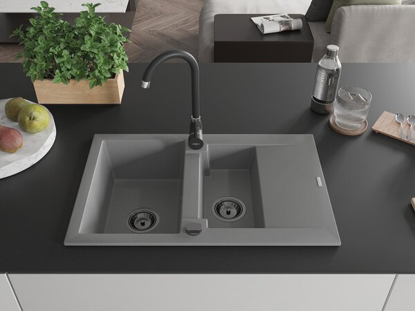 Mexen Gaspar, chiuveta granit 737x475x177 mm, 1,5 camere, gri cu sifon negru, 6507731505-71-B