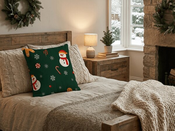 Husa de pernita din microfibra SNOWMAN AND GINGERBREAD 45x45 cm, verde