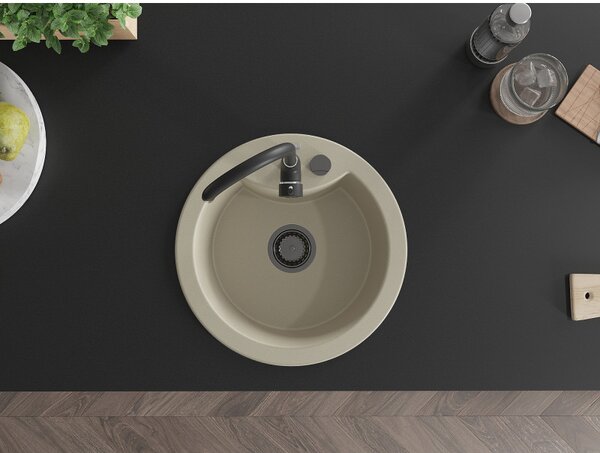 Mexen Diego, chiuvetă din granit 488x488x167 mm, 1 cameră, bej cu sifon negru, 6512481000-69-B