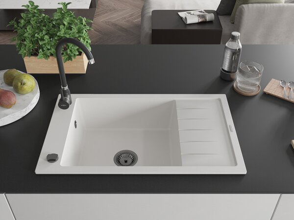 Mexen Elias, chiuveta granit granit 795x480x200 mm, 1 camera, alb cu sifon negru, 6511791005-20-B