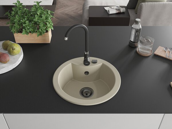 Mexen Diego, chiuvetă din granit 488x488x167 mm, 1 cameră, bej cu sifon negru, 6512481000-69-B