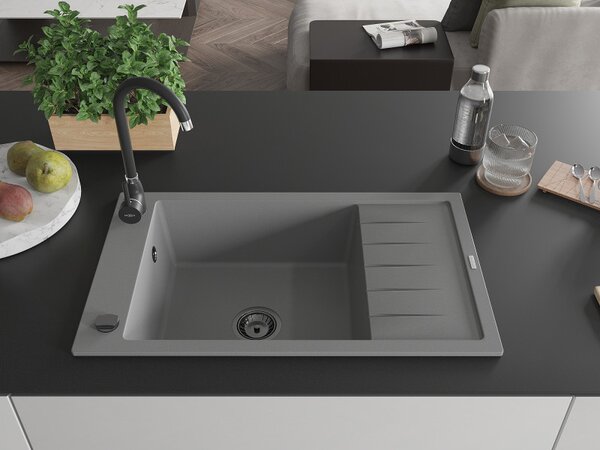Mexen Elias, chiuveta granit granit 795x480x200 mm, 1 camera, gri cu sifon negru, 6511791005-71-B