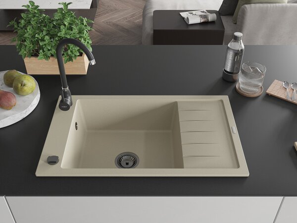 Mexen Elias, chiuveta granit granit 795x480x200 mm, 1 camera, bej cu sifon negru, 6511791005-69-B