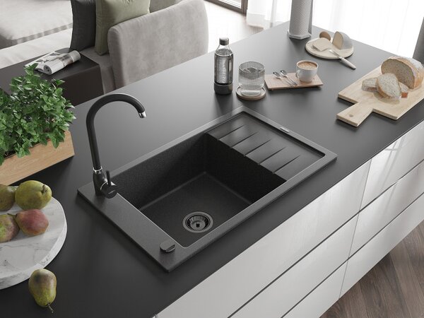 Mexen Elias, chiuveta granit granit 795x480x200 mm, 1 camera, pete negre cu sifon negru, 6511791005-76-B