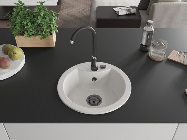 Mexen Diego, chiuvetă din granit 488x488x167 mm, 1 cameră, alb cu sifon negru, 6512481000-20-B