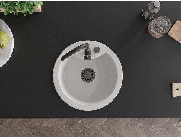 Mexen Diego, chiuvetă din granit 488x488x167 mm, 1 cameră, alb cu sifon negru, 6512481000-20-B