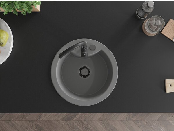 Mexen Diego, chiuvetă din granit 488x488x167 mm, 1 cameră, gri cu sifon negru, 6512481000-71-B
