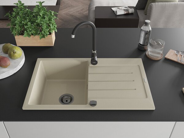 Mexen Bruno, chiuveta granit 795x495x200 mm, 1 camera, bej cu sifon negru, 6513791010-69-B