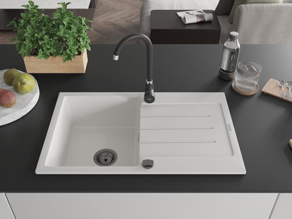 Mexen Bruno, chiuvetă din granit 795x495x200 mm, 1 cameră, alb cu sifon negru, 6513791010-20-B