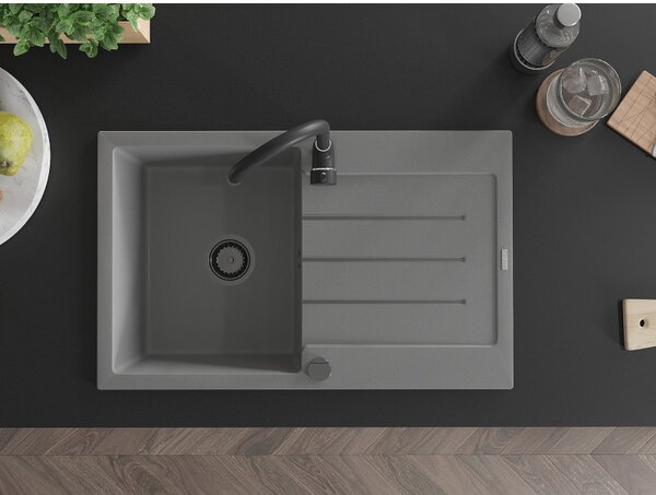 Mexen Bruno, chiuvetă din granit 795x495x200 mm, 1 cameră, gri cu sifon negru, 6513791010-71-B
