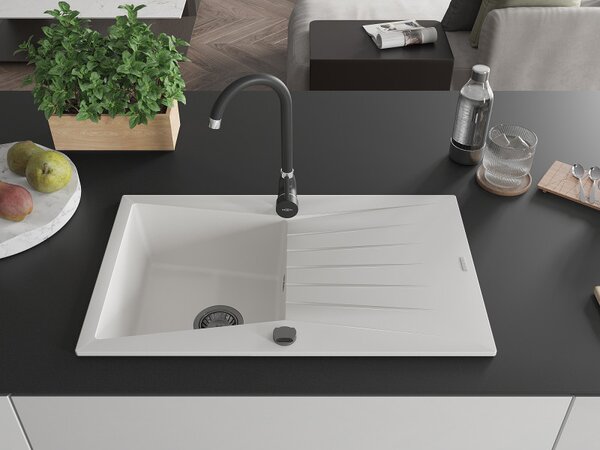 Mexen Cesar, chiuveta granit 775x470x190 mm, 1 camera, alb cu sifon negru, 6514771010-20-B