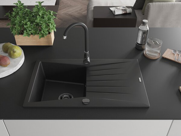 Mexen Cesar, chiuveta granit 775x470x190 mm, 1 camera, negru cu sifon negru, 6514771010-77-B