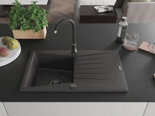 Mexen Cesar, chiuveta granit 775x470x190 mm, 1 camera, pete negre cu sifon negru, 6514771010-76-B