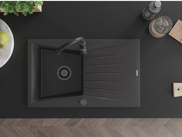 Mexen Cesar, chiuveta granit 775x470x190 mm, 1 camera, pete negre cu sifon negru, 6514771010-76-B