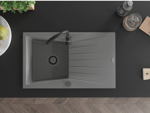 Mexen Cesar, chiuveta granit 775x470x190 mm, 1 camera, gri cu sifon negru, 6514771010-71-B